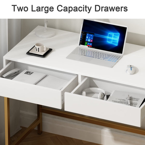 English Elm 40" Charging Station Desk with Built-In Outlets & USBs, 2 Drawers, Waterproof MDF, Compact Elegance White+Gold T3771P370790