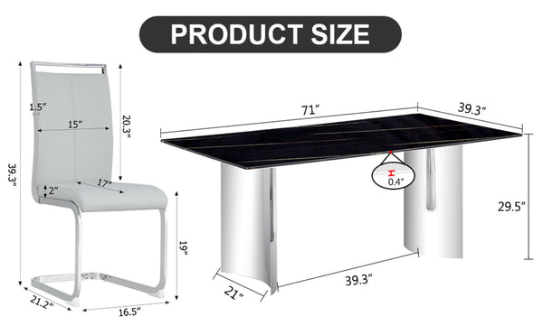 English Elm Table And Chair Set - Modern Glass Top With Black Marble Design And 6 Light Gray Pu Chairs For Dining W1151S02605-GIGA