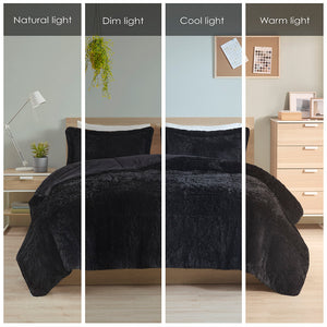 JLA Home Intelligent Design - Shaggy Plush Faux Fur Comforter Mini Set — Cloudlike Long-Fur Texture, Soft Reversible Warmth Black ID10-1920
