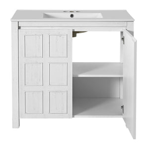 English Elm 36" Bathroom Vanity Organizer with Ceramic Sink, Solid Wood Distressed Finish, Hand-Painted Charm and Ample Storage Antique White N729P255666K