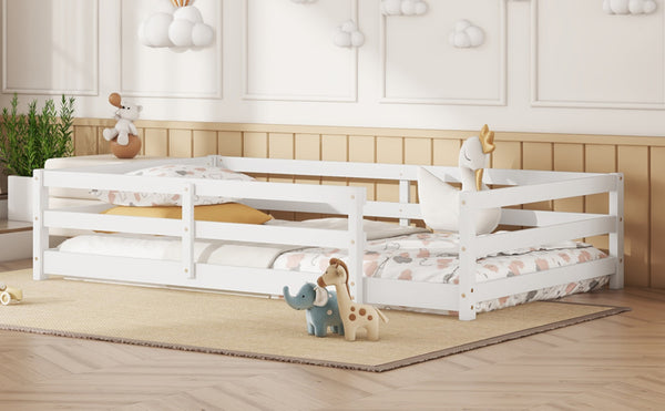 English Elm Twin Montessori Pine Floor Bed with Full Fence Rails for Kids Cozy Bedroom W1820P398987