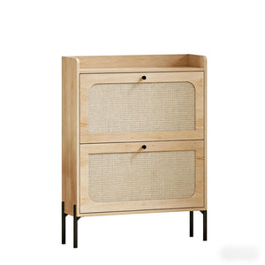 English Elm Narrow Rattan Front Shoe Cabinet with Oak Finish Entryway Storage for 16 Pairs T3971P481653
