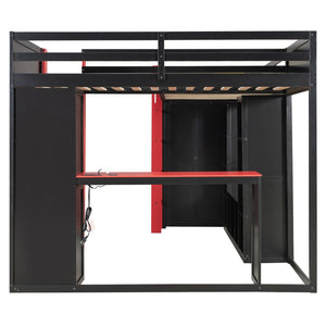 English Elm L-shaped Gaming Loft Bunk Bed Twin Wood Frame Rgb Lighting Usb Ports Storage Shelves Red LT000295AAR