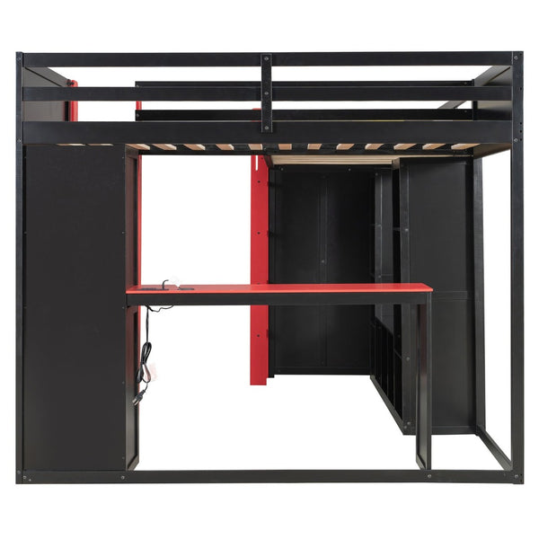 English Elm L-shaped Gaming Loft Bunk Bed Twin Wood Frame Rgb Lighting Usb Ports Storage Shelves Red LT000295AAR