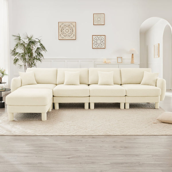 English Elm Boucle Fabric Convertible L-Shape Sectional Sofa - Stylish 4-Seater With Removable Ottoman & Chic Arms W3041S00280