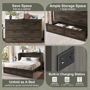 English Elm Murphy Full-Size Cabinet Bed with Built-In Charging Station, Storage Drawer & 700lb Capacity Comfort Gray 57.25 L x 27 W x 6 H N733S293997G