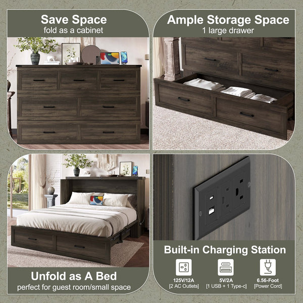 English Elm Murphy Full-Size Cabinet Bed with Built-In Charging Station, Storage Drawer & 700lb Capacity Comfort Gray 57.25 L x 27 W x 6 H N733S293997G