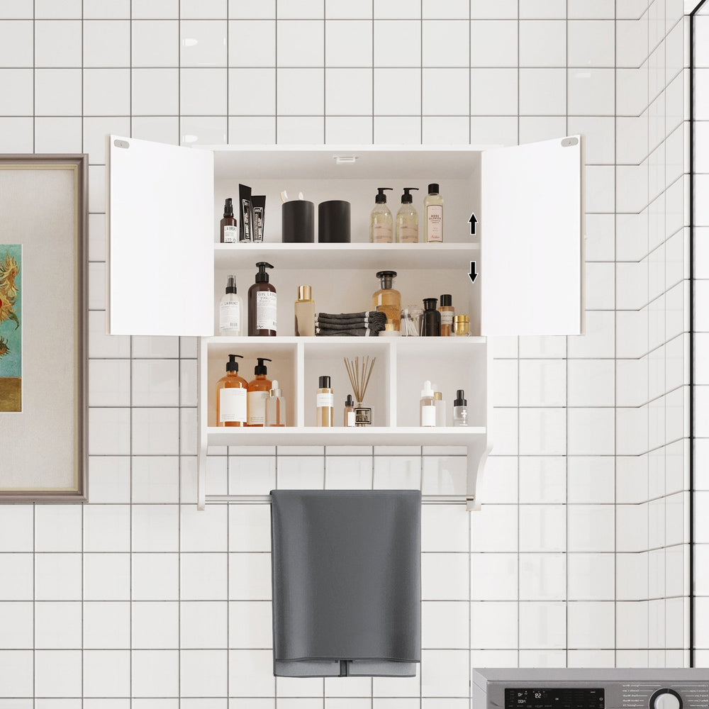 English Elm Bathroom Wall Cabinet with Towel Bar — Durable P2 MDF, Wall-Mount Storage for Toiletries & Medicine White W2386P192273