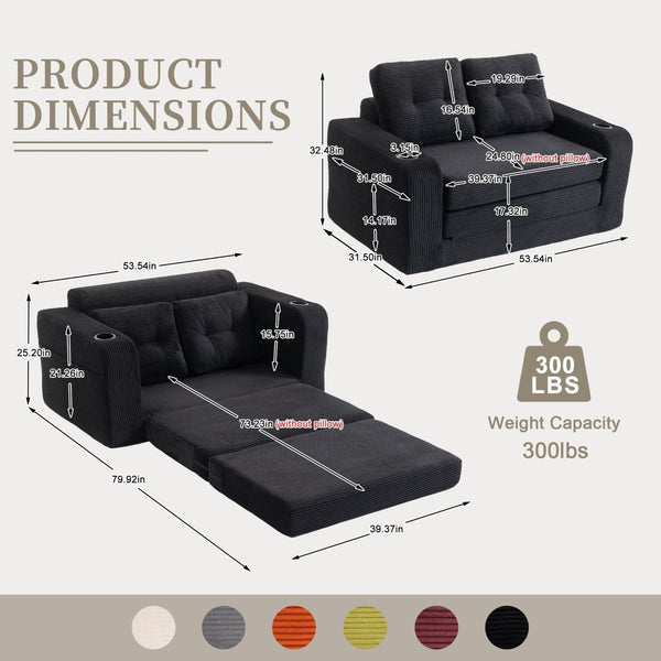 English Elm Convertible Floor Sofa Bed with Memory Foam and Ribbed Corduroy for Small Spaces Black W395P438026