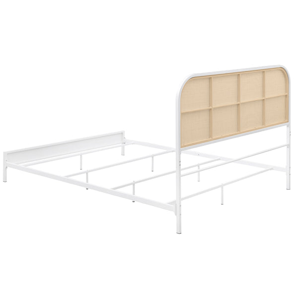 English Elm Kenneth White Radio Weave Queen Bed with Coastal White Metal Frame, Rattan Headboard Texture, Sturdy Powder-Coated Design B062P374089