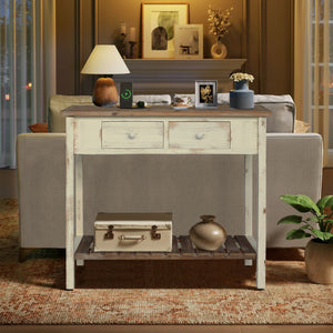 English Elm Vintage Two-Drawer Console Table Antique Natural Distressed Finish with Shelf, Sturdy Entryway Storage W2295P366795