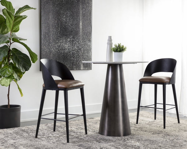 Sunpan Dezirae Barstool - Stylish Curved Back Design with Genuine Leather Seat and Unique Craftsmanship Black / Cognac Leather