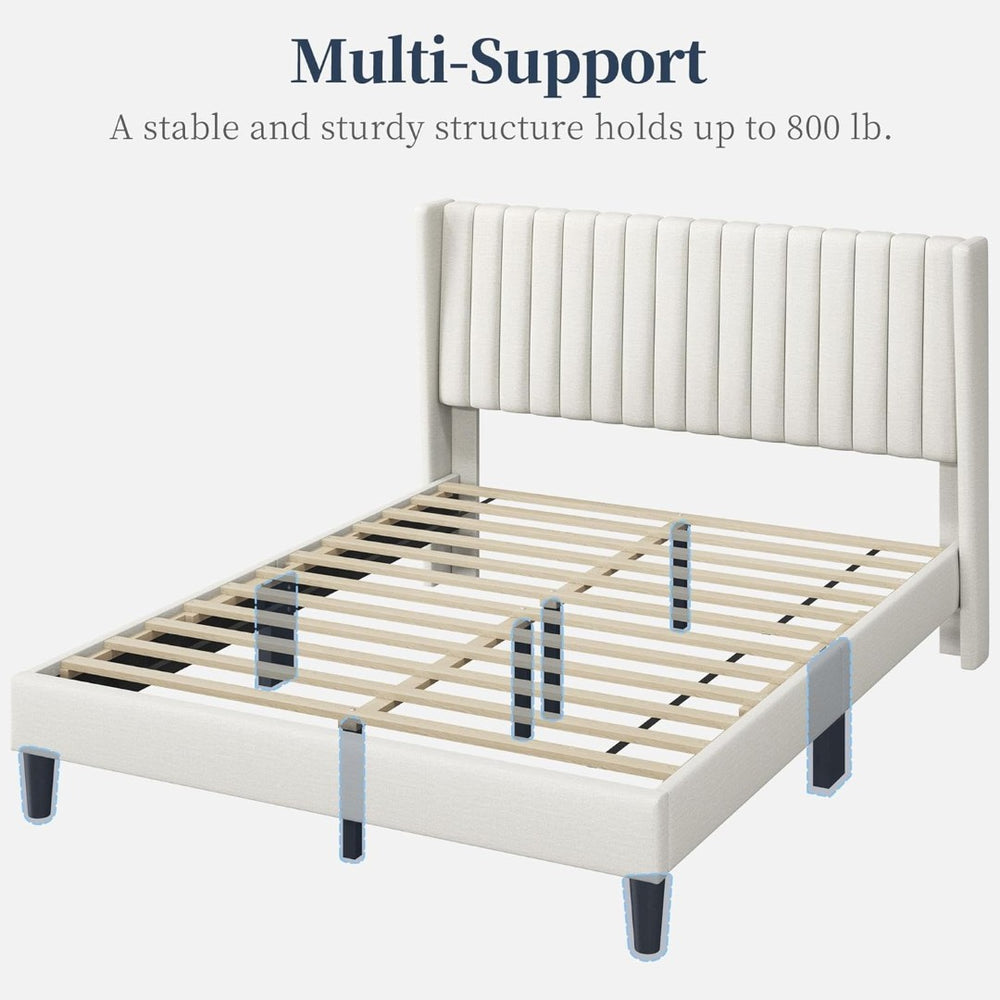 English Elm Full Size Beige Upholstered Platform Bed Tailored Headboard Wooden Slat Support W5239P452906