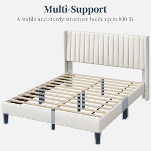 English Elm Queen Platform Bed Upholstered Beige Fabric Headboard Wooden Slat Base No Box Spring W5239P452871
