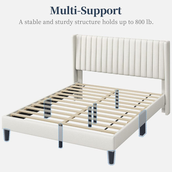 English Elm Queen Platform Bed with Tall Upholstered Headboard Neutral Beige Fabric Sturdy Frame W5239P451602