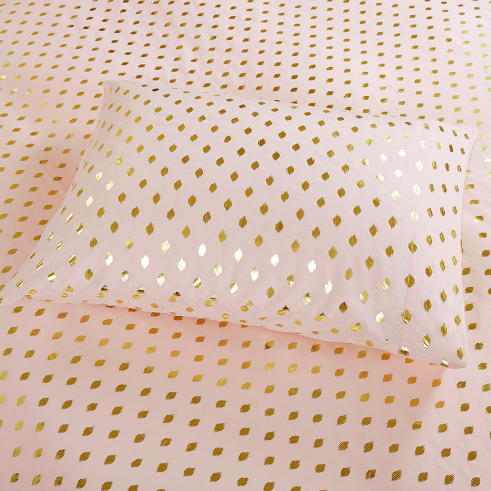 JLA Home Intelligent Design - Printed Metallic Dot Ikat Sheet Set — Ultra-Soft Microfiber, OEKO-TEX Certified, Breathable Comfort Up to 16" Deep Blush/Gold ID20-1476