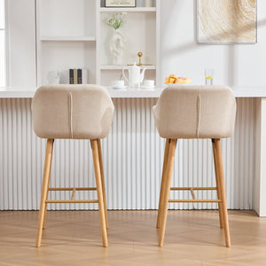 English Elm Modern Linen Upholstered Barstools with Oak Legs Armrests and Footrest for Kitchen Islands Beige W395P396313