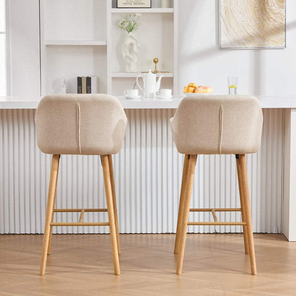 English Elm Modern Linen Upholstered Barstools with Oak Legs Armrests and Footrest for Kitchen Islands Beige W395P396313