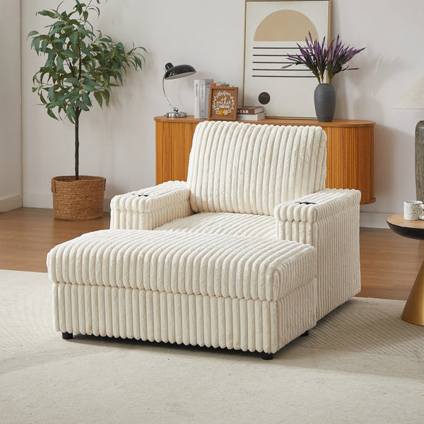 English Elm 42.5-inch corduroy single recliner with cup holder, storage ottoman, plush back pillow for lounging Beige W834P375116