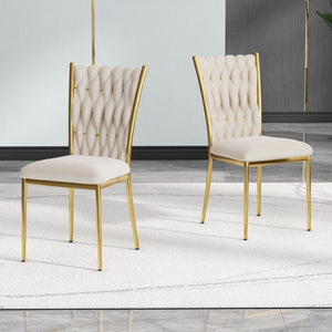 English Elm Modern Velvet Upholstered Dining Chairs with Gold Metal Legs Elegant Set of Two Beige W210P309920