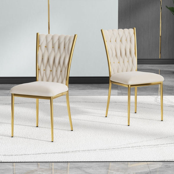 English Elm Modern Velvet Upholstered Dining Chairs with Gold Metal Legs Elegant Set of Two Beige W210P309920