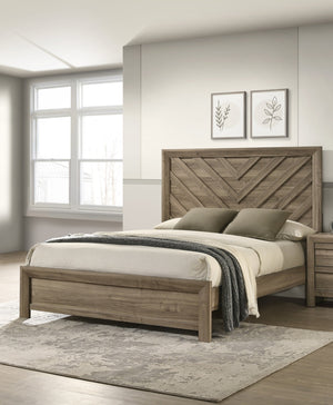 English Elm 1Pc King Size Chevron-Patterned Headboard Bed In Warm Light Brown Wood - Rustic Modern Bedroom Furniture B2741S00602
