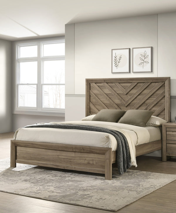 English Elm 1Pc King Size Chevron-Patterned Headboard Bed In Warm Light Brown Wood - Rustic Modern Bedroom Furniture B2741S00602
