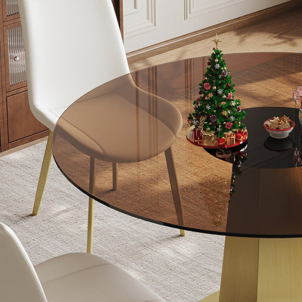 English Elm 53 Inch Round Smoked Glass Dining Table with Gold Steel Base Seats Eight W2700S00095