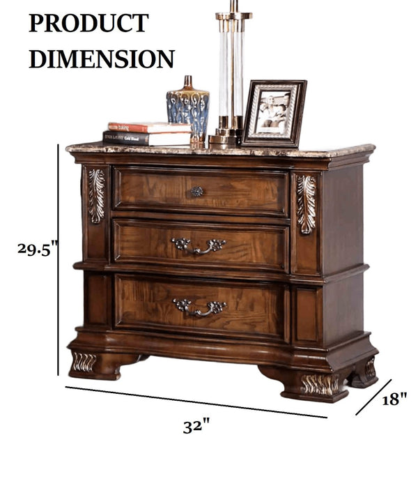 English Elm Traditional Marble Top Nightstand with Dovetail Drawers Cedar Lining Cherry Finish Brown B2741P436974