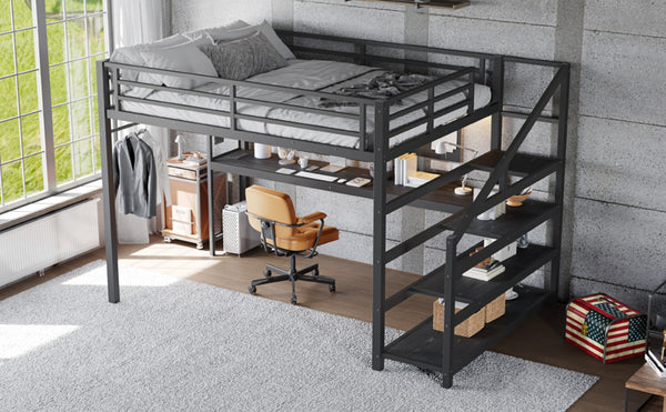English Elm Twin Xl Metal Loft Bed with Stair Storage Shelves Sturdy Steel Frame for Dorms W1580S00434