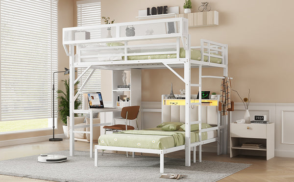 English Elm Ful Full-over-Twin Metal Bunk Bed with Desk, Bookshelves, LED Lighting & USB Charging Station, White W2580S00041