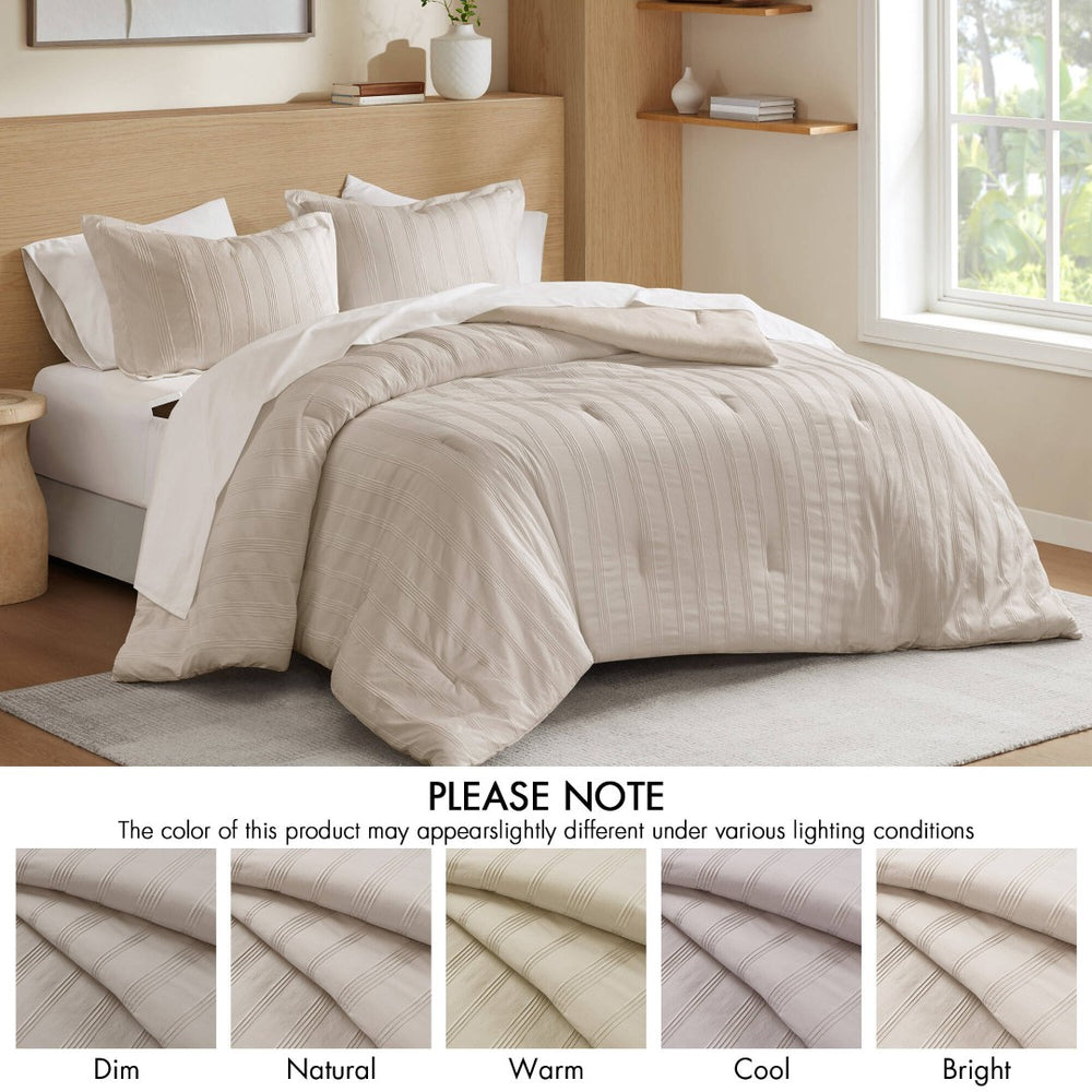 English Elm 7-piece Cal King Woven Stripe Comforter Set Neutral Polyester Bedding for Modern Bedroom Neutral B035P463209