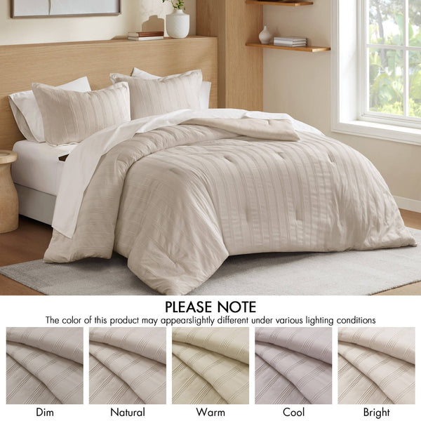 English Elm 7-piece Cal King Woven Stripe Comforter Set Neutral Polyester Bedding for Modern Bedroom Neutral B035P463209