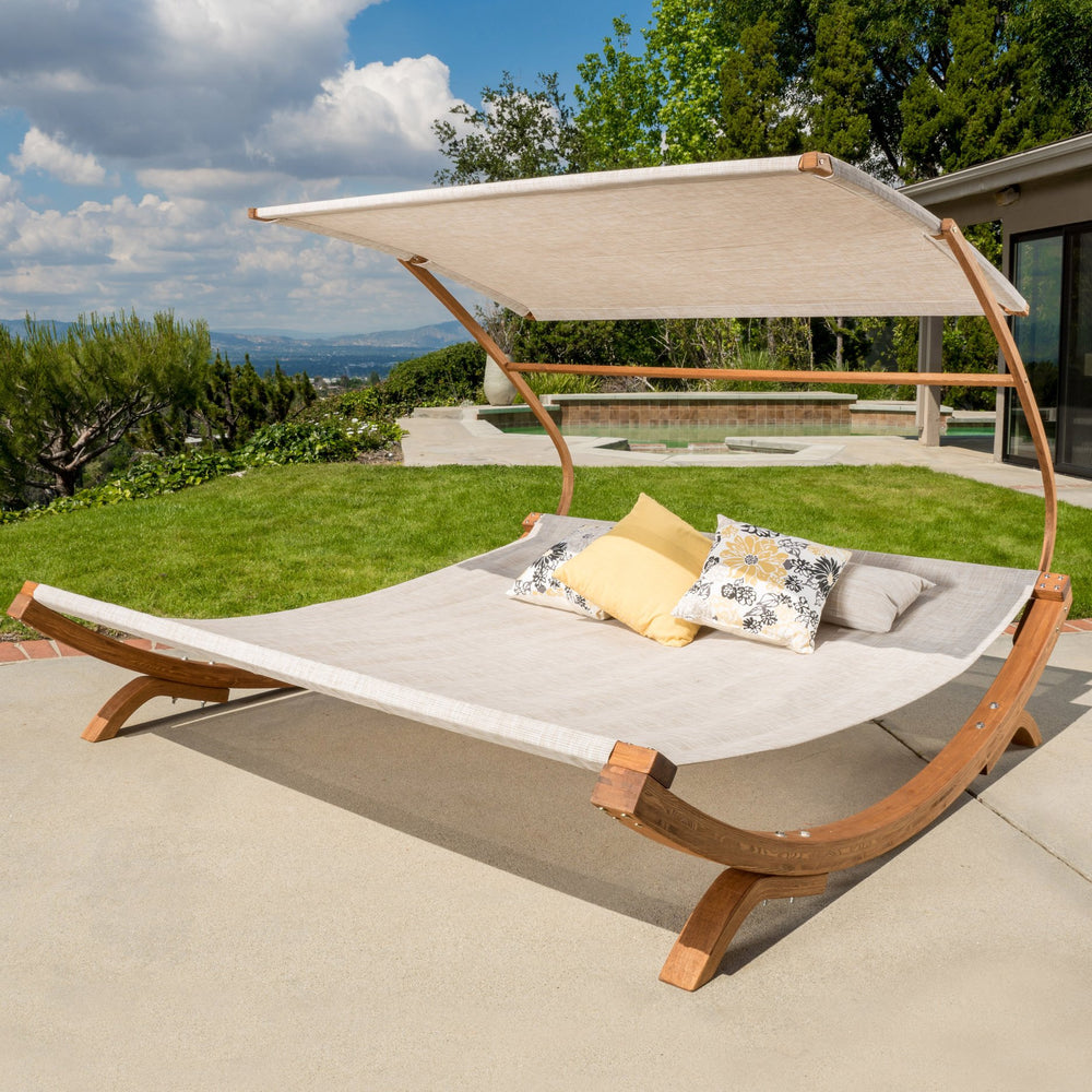 English Elm Christopher Knight Home® - SAN JUAN Teak Sunbed with Adjustable UV Canopy - Curved Weather-Resistant Base, Mesh Sling Comfort 57414.00