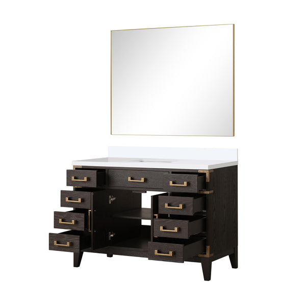 English Elm Brown Oak Single Bath Vanity Set With Cultured Marble Top & 46 In. Mirror - Elegant Storage Solution B2731S01467
