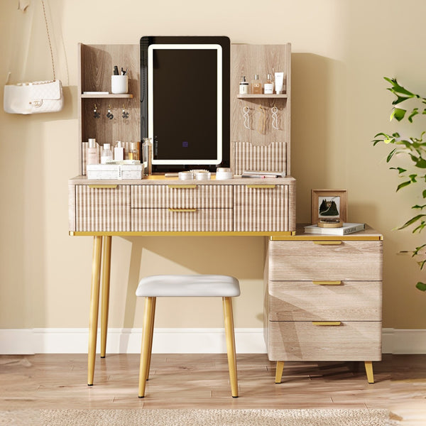 English Elm 7-Drawer LED Vanity Desk with Jewelry Organizer, Fluted Carved Design, PU Stool & Metal Legs W2700P369516