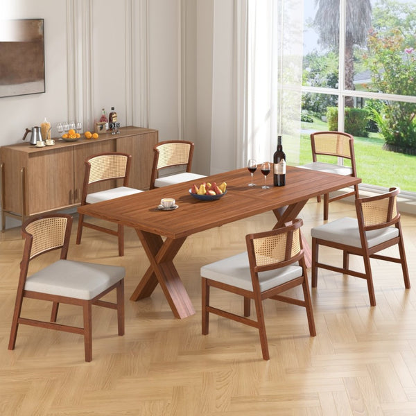 English Elm Rattan Back Armless Dining Chairs Upholstered Seat Rubberwood Frame Kitchen Set of 2 Walnut N842P400687W