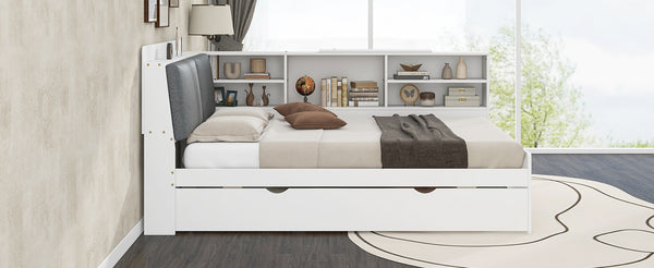 English Elm Wood Full Size platform bed with trundle, built-in storage headboard and shelves, sturdy pine frame White GX002055AAK