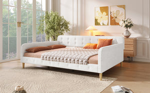 English Elm Queen Upholstered Daybed with Tufted High Sideboard, Linen Finish, Solid Wood Frame, 800lb Capacity Beige N7500001850K