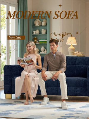 English Elm FX-P54-RB Modern Chenille 3-Seater Sofa with Wide Arms, Tufted Box Stitching & Stainless Legs for Durable Comfort Retro Blue W576S00170