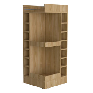 English Elm Natural Oak Tall Bar Cabinet with Built-In Wine Rack, 4 Open Shelves for Stylish Storage & Décor B062P290259