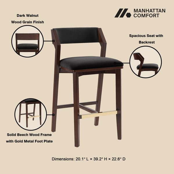 English Elm Patricia Velvet Upholstered Counter Stool with Beech Frame, Gold Footrest Plate, Commercial Grade Comfort Black B365P398046