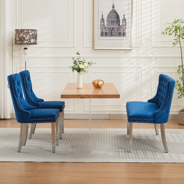 English Elm Velvet Wingback Dining Bench Tufted Two Seat Mid Century Modern Brushed Steel Base Blue W1143P406981