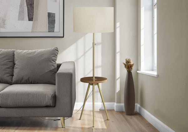English Elm Lighting, Modern Tripod Floor Lamp with Linen Drum Shade, Adjustable Neck, Walnut Shelf, 66" Gold 21 L x 21 W x 16 H B2710P221305