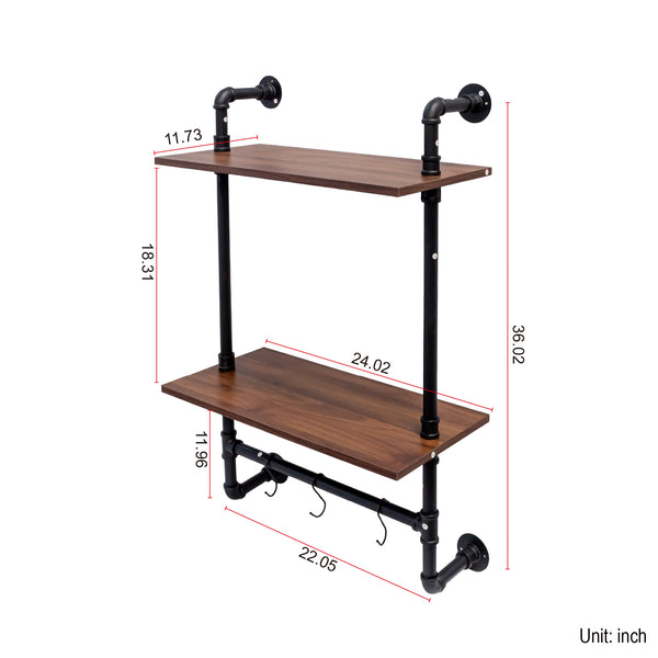 English Elm Industrial Pipe Shelf 3-Tier Wall Mounted Rustic Wood Display with 8 Open Shelves & 3 Hooks — Farmhouse Decor, Kitchen, Bedroom Storage (28.35x15.35x11.22) W331P279737