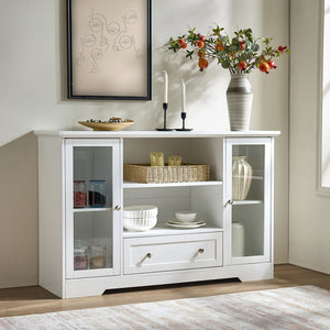 English Elm Sideboard 51" Farmhouse Buffet Cabinet with Glass Doors, Adjustable Shelves, Anti-Tip Storage White Oak W3417P321845