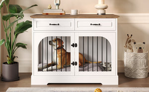 English Elm 43.3" Farmhouse Mdf Dog Crate Console with Drawers and Rotating Bowls for Large Breeds N704P414580A
