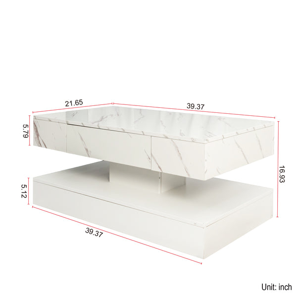 English Elm 16.93IN LED Coffee Table with Remote RGB Lighting, Spacious Drawer, Melamine Finish, Modern Elegance White,White Marble W331P269983
