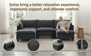 English Elm Modern Chenille Three Seat Sofa with Ottoman Usb Charging Ports and Storage Pockets Black W2519S00002