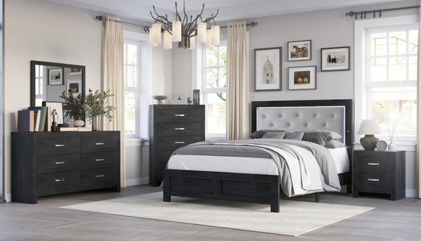 English Elm 1pc Modern Queen Panel Bed with LED Headboard, Faux Leather Upholstery, Button-Tufted Elegant Design Black,Gray 66.4 L x 28 W x 10 H B011P244360